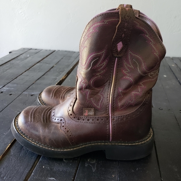 Justin Boots Women's 6 6B Brown Leather Fat Boy Cowgirl Boots Pink Stitching - Picture 1 of 12